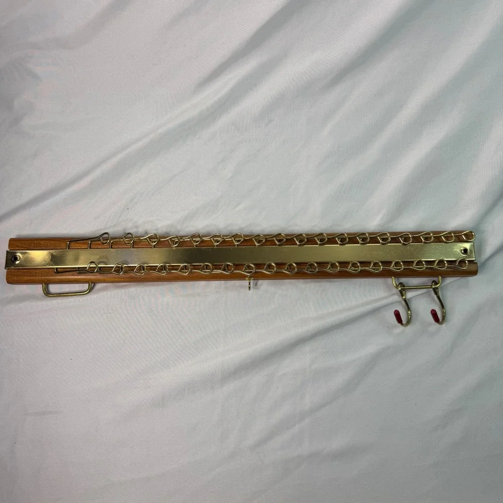 Vintage Wooden Wall Mount Tie Rack Brass Tone 24 Hook Closet Organizer Brown